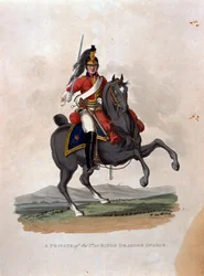 En menig av den første, eller King's Dragoon Guards, fra 'Costumes of the Army of the British Empire, ifølge de siste forskriftene 1812', gravert av JC Stadler, utgitt av Colnaghi und Co. 1812-15