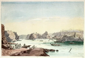 Muskatbekken (Oman). Maleri av oberstløytnant Charles Hamilton Smith (1776–1859).