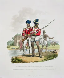 Innfødte tropper i det østindiske kompaniets tjeneste: en sersjant og en privat grenader-sepoy fra den bengalske hæren, gravert av Joseph Constantine Stadler, 1815 (akvatint)