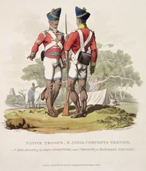 Innfødte tropper i det østindiske kompaniets tjeneste: en sersjant for lett infanteri og en menig fra Madras Sepoys, gravert av Joseph Constantine Stadler, 1815 (akvatint)