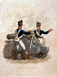 Royal Artillery, fra 'Costumes of the Army of the British Empire, ifølge de siste forskriftene 1812', gravert av JC Stadler, utgitt av Colnaghi und Co. 1812-15 (farget akvatint)