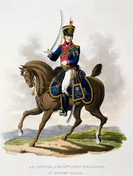 Uniform of an Officer of the 9th Light dragoons in Review Order, fra 'Costume of the British Empire, according to the Last Regulations', publisert 1812-15 (håndfarget akvatint)