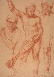 Mannsfigurstudie med re-studier av hode, armer, skulder og ben (skisser for midtpanelet til "Høst"), 8. april