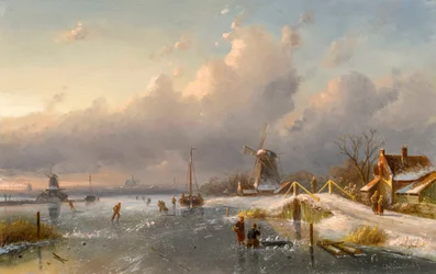 Et vinterlandskap med vindmøller og skøyteløpere på en frossen vannvei, 1840-50-årene