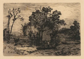 [Hytte og to figurer i en båt], 1878.