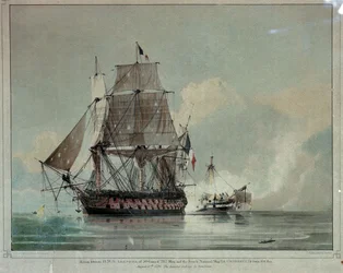 Aksjon mellom HMS #39;Leander#39; og den franske #39;Le Genereux#39; 18. august 1798 (farget litografi)
