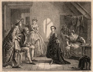 Mademoiselle Clairons barndom: den unge Claire-Josephe (Claire Josephe) Leris (1723-1803) resiterer versene i stykket hun nettopp har sett. Hun ble komiker under navnet "Mademoiselle Clairon" eller ""La Clairon". Gravering av 1862 fra maleriet