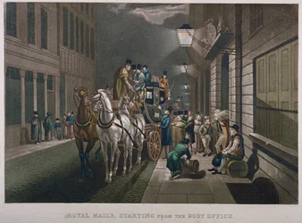 Postbuss utenfor General Post Office, Lombard Street, City of London, 1827