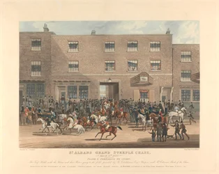 Steeple-chasing [sett med seks]: St. Albans Grand Steeple Chase. / 8. mars 1832. Plate 1. Forbereder til start ...