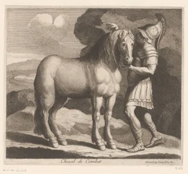 Soldat spenner en hest Cheval de Combat (tittel på objekt) Dyreserie (serietittel)