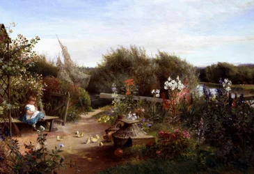 I hagen. I en hage sitter en liten jente på en benk og gir frø til noen kyllinger. Maleri av Charles James Lewis (britisk 1830–1892) Privat samling