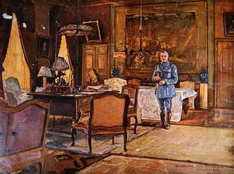 Marshal Ferdinand Foch i hans hovedkvarter, 7. september 1918, Paris (fargegravering)