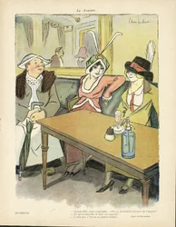 Illustrasjon av Chas-Laborde (1886-1941) i Le Smile, nr. 9, 27/02/13 - Business - Restaurantkafeer, Mote, Hat - Cupidite, Griskhet - Kvinner