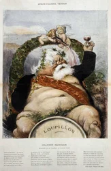 Armand Fallières, vinmaker: karikatur av Fallières en Bacchus (Bacco) - i "" le Laughter "" fra oktober 1906