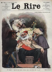 Emile Loubet - Gratis presidentpensjon - Mr Loubet - Det er vanskelig å få deres overbevisning inn i huden min! - (Charles Leandre (1862-1934) håner staten, kirken og hæren ved sengen til president LOUBET, dekket med makoniske og andre tegn) karisk