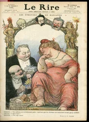 Illustrasjon av Charles Leandre (1862-1934) for omslaget til Le Rire, 03/01/14 - Les strennes de Marianne - Tribun - Clemenceau George, Jaures Jean, Briand Aristide, Marianne, Caillaux Joseph (1863-1944)