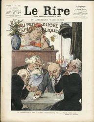 Illustrasjon av Charles Leandre (1862-1934) i Le Lire, 06/08/21 - I mellomtiden Washington - Valg, republikkens president - Marianne, Fallieres Armand, Poinsare Raymond, Deschanel Paul - Kortspill