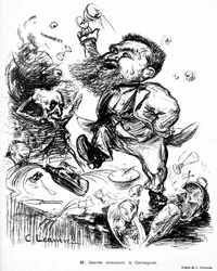 Jean Jaures danser og synger Carmagnole på et bankettbord (antagelig full) bilde i Le Rire n°105 7. november