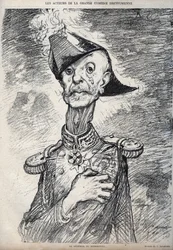 Skuespillerne i den store Dreyfussian-komedien - Portrett av Raoul Le Mouton de Boisdeffre (general fra Boisdeffre) (1839 -1919), fransk militær - tegneserie av Charles Leandre (1862-1934) i "" Le Rire"""