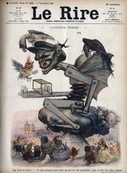 Folket i Le Mans: den flyr nesten like bra som en av våre fjærfe, men den må være tøffere. Tegneserie av den amerikanske flygeren Wilbur Wright (1867-1912) ombord på flyet "Model A" i demonstrasjon på Le Mans