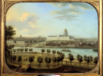 Les Invalides sett fra Cours la Reine i Paris Maleri av Charles Grevenbrock (? -1758). 1738. 0,69 x 0,9 m Paris, Carnavalet-museet