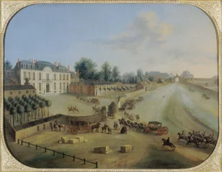 Utsikt over Chateau de la Muette med ankomsten av kong Louis XV (1710-74), ca. 1738 (olje på lerret)