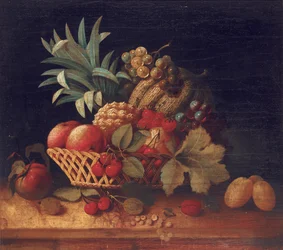 Druer, plommer, kirsebær, fersken, et eple, en ananas og en melon, i en flettet kurv