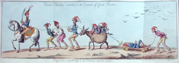 Franske frivillige som marsjerer til erobringen av Storbritannia, etset av James Gillray (1757-1815) utgitt av Hannah Humphrey i 1803 (håndfarget etsning)