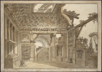 Design for maleriene i cellen til far Lesueur i klosteret Santissima Trinita dei Monti i Roma - Charles Louis Clerisseau (1722-1820). Penn, pensel, grått og brunt blekk, hvit farge på papir, ca 1760. Mål: 36,9x53 cm. State Hermitage,