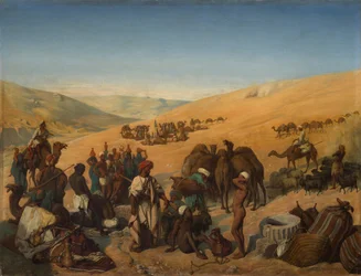 Stopp av karavaner ved brønnene i Saba Beersheba i ørkenen sør for Hebron, 1850.