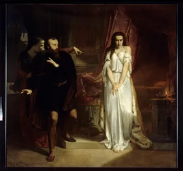 Lady Macbeth. Illustrasjon til William Shakespeares skuespill «Macbeth». En kvinne i nattkjole blir ydmyket av en annen kvinne foran en redd mann. Maleri av Charles Louis Muller (1815-1892), 1848, Amiens, Musée de Picardie.