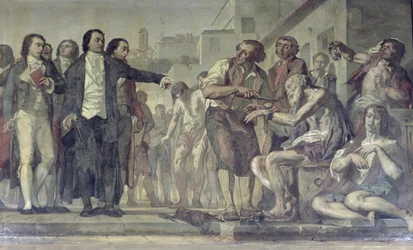 Philippe Pinel 1745-1826 løser psykisk syke fra lenkene deres ved Bicêtre-asyl i Paris i 1793, ca. 1840-50, detalj av 163956