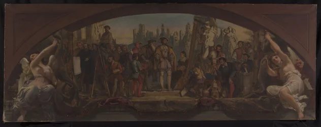 Skisse for Denon-paviljongen i Louvre: De fire tidsaldrene med kunstnerisk liv i Frankrike - Presentasjon for Frans I av planer for Château de Fontainebleau, ca. 1864 (olje på lerret)