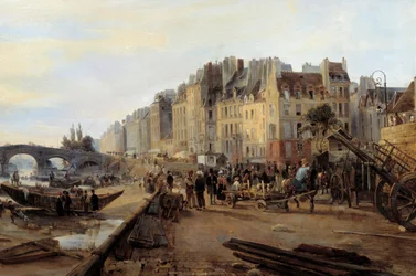 Marie Bridge og Saint Paul Harbour rundt 1825. Utsikt over Paris. Detalj. Maleri av Charles Louis Mozin (1806-1862)