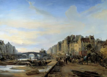 Marie Bridge og Saint Paul Harbour rundt 1825. Utsikt over Paris. Maleri av Charles Louis Mozin (1806-1862)