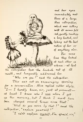 Alice får råd fra Blue Caterpillar, illustrasjon fra Alices Adventures Under Ground, pub. 1886 (faksimile)