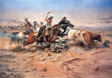 Cowboyer som roper på en stut