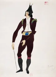 Kostyme for karakteren til Fiorello fra Barberen i Sevilla av Gioacchino Rossini, skisse av Charles Martin (1884-1934)