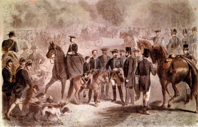 Napoleon III: Jaktutnevnelsen gikk ved Kongens brønn nær skogen Compiegne under oppholdet til kong Vilhelm III (1817-1890). Farget gravering av C. Maurand og G. Janet etter Fortris publisert i «The Monde illustrious» 26.10.1861. Dim.