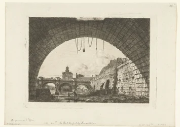 Se på Pont-Neuf under boog Pont-au-Change i Paris Pont Neuf og Samaritaine fra under den første buen til Pont au Change