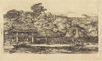 Innfødtfjøs og hytter i Akaroa, Banks-halvøya, 1845