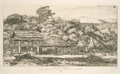 Innfødte kornmagasiner og boliger på Akaroa, Banks Peninsula, illustrasjon fra 