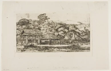 Innfødte låver og hytter på Akaroa, Banks#39; Peninsula, 1845