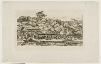 Innfødte låver og hytter på Akaroa, Banks#39; halvøy, 1845