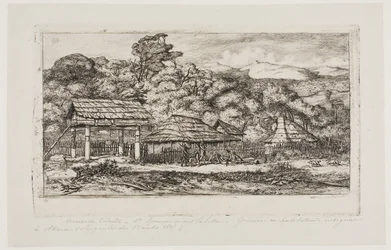 Innfødte låver og hytter på Akaroa, Banks#39; halvøy, 1845