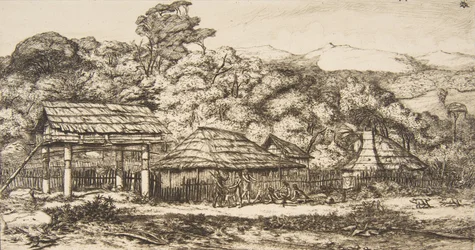 Innfødte låver og hytter på Akaroa, Banks Peninsula, 1845, 1860.