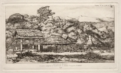 Innfødte låver og hytter på Akaroa, Banks Peninsula, 1845, 1865.