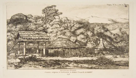 Innfødtfødte låver og hytter ved Akaroa, Banks Peninsula, 1845, fra «Reisen til New Zealand (1842-46)»