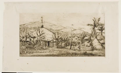 Ny-Caledonia: Stor innfødt hytte på veien fra Balade til Puépo, 1845