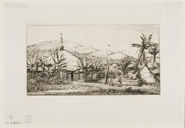 Ny-Caledonia: Stor innfødt hytte på veien fra Balade til Puépo, 1845